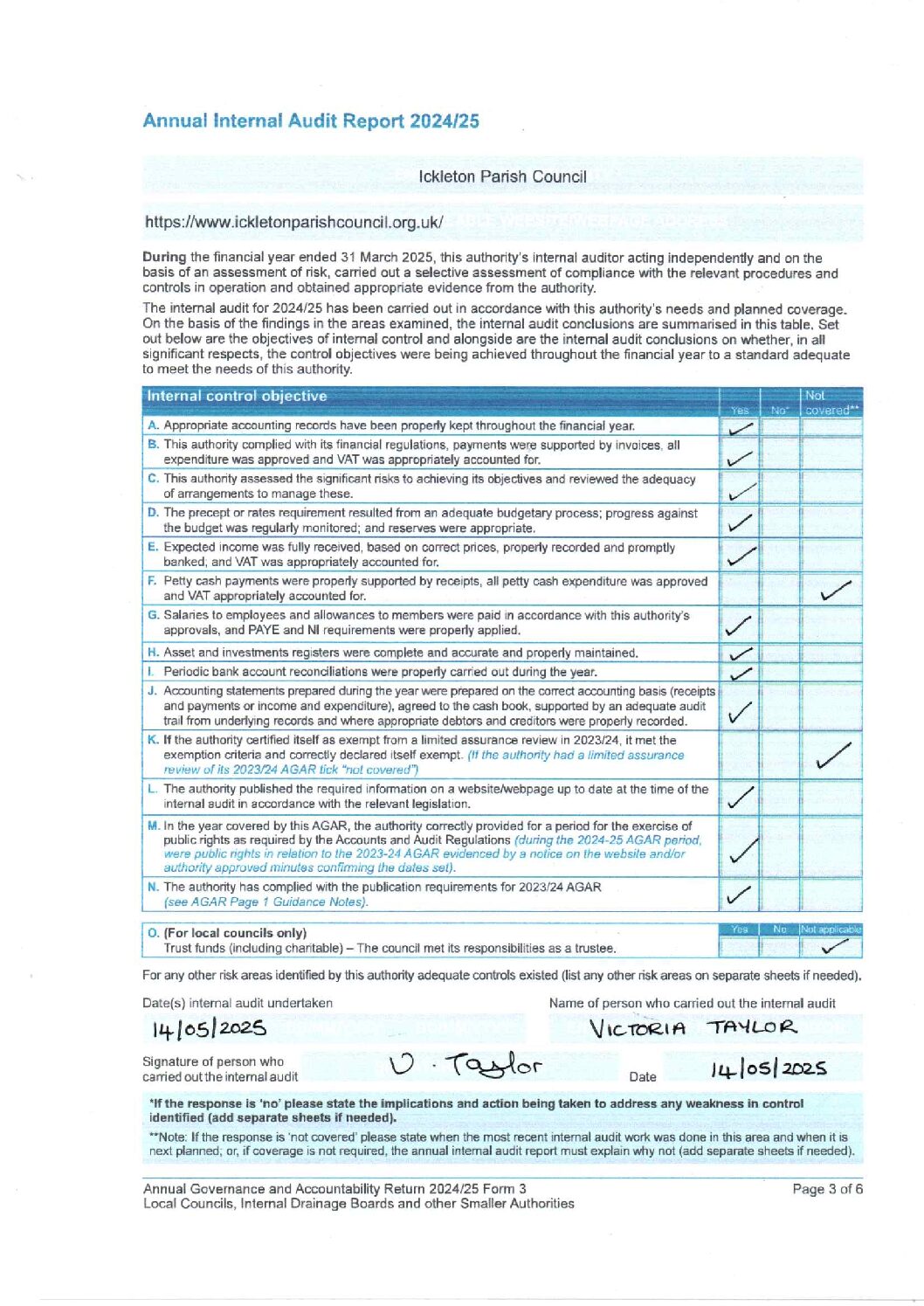 Signed Audit Report Example Annual Internal Audit Report -202425 Signed | Ickleton Parish Council